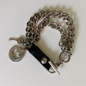 Michael Kors Silver and Black Leather Bracelet
